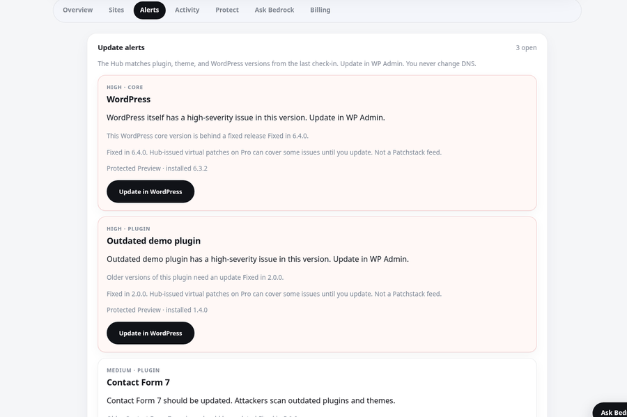 Hub Update alerts view with open plugin and WordPress version alerts.